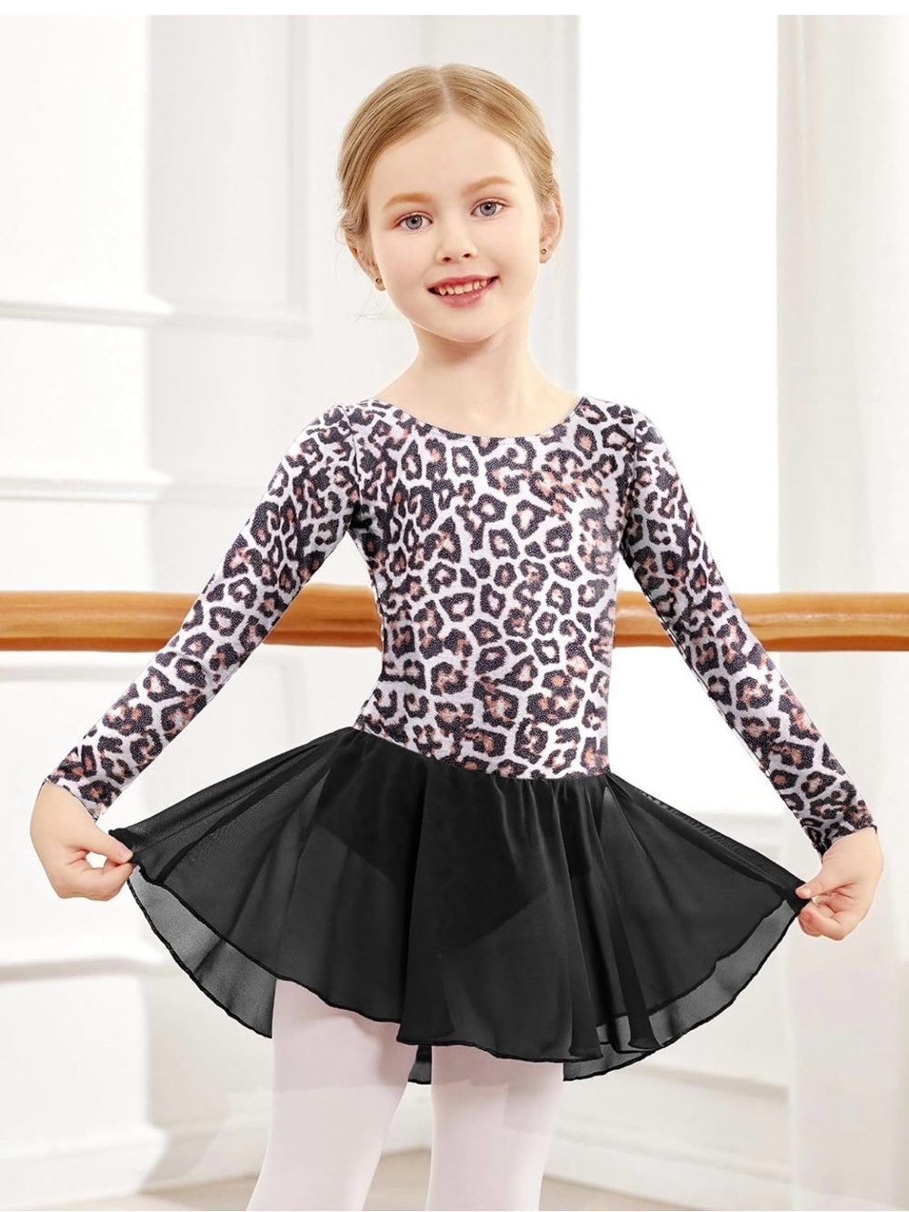 Leopard-Print Long Sleeve Dance Dress Leotard